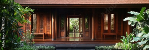 Tranquil Wooden Entrance to a Tropical Paradise - The image showcases a serene wooden entrance to a luxurious tropical resort, inviting you to escape into a world of relaxation and tranquility. The lu photo