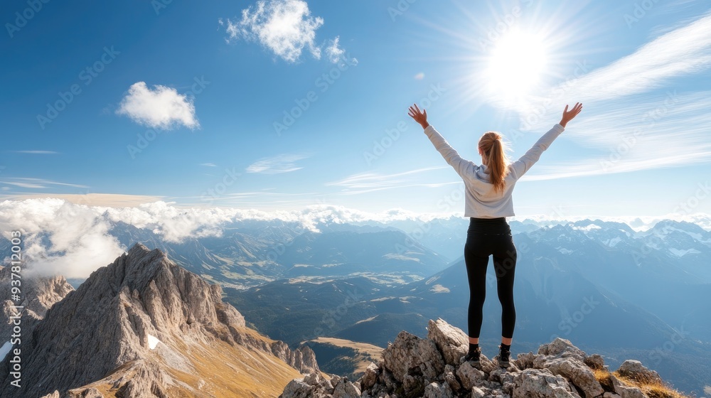 Woman standing at the summit of a mountain solo with arms raised in triumph Woman standing at the summit of a mountain solo with arms raised in triumph