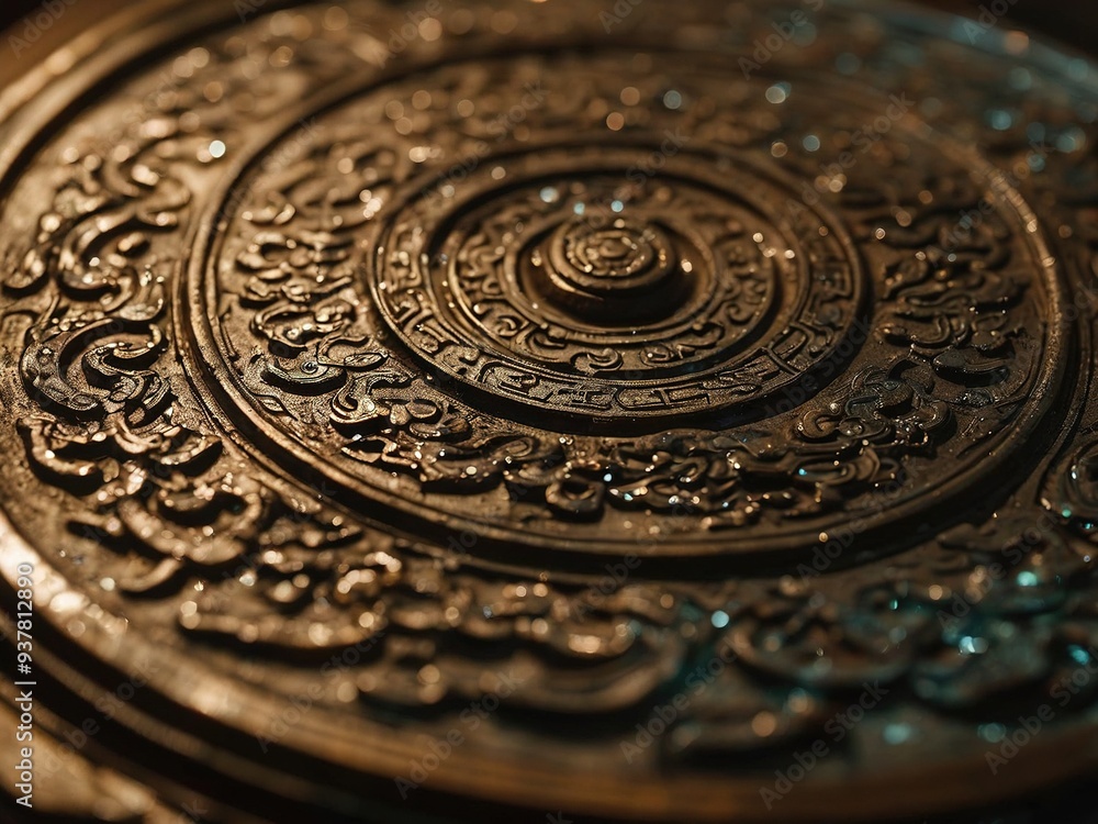 Obraz premium A close-up view of a bronze gong with intricate carvings. The gong has a circular shape and is decorated with a repeating pattern of concentric circles and stylized floral motifs.