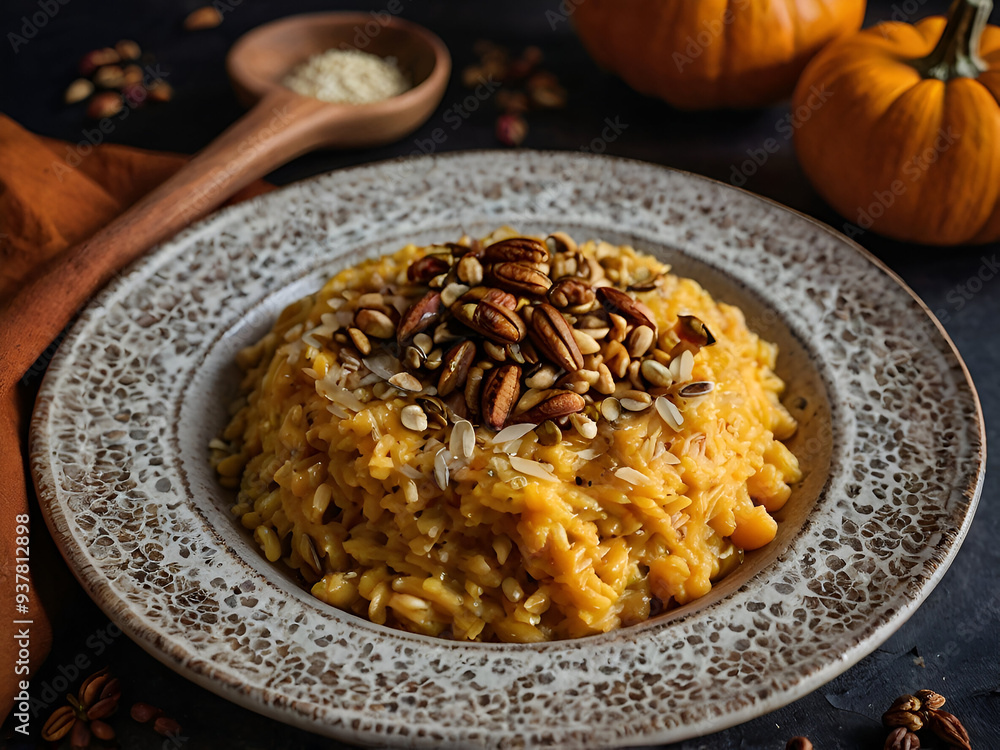Pumpkin risotto with nutty Gruyère cheese, garnished with roasted seeds and a dash of cinnamon. Pumpkin risotto with nutty Gruyère cheese, garnished with roasted seeds and a dash of cinnamon.