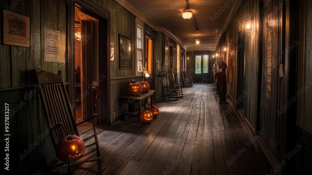 Spooky hallway with pumpkins and rocking chairs for Halloween decoration Spooky hallway with pumpkins and rocking chairs for Halloween decoration