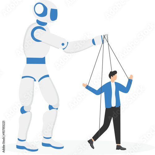 a robot hand manipulates a man in a business suit

