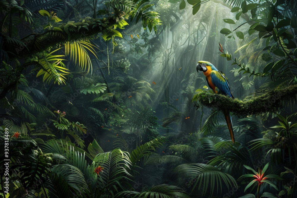 A colorful parrot is perched on a tree branch in a lush jungle A colorful parrot is perched on a tree branch in a lush jungle