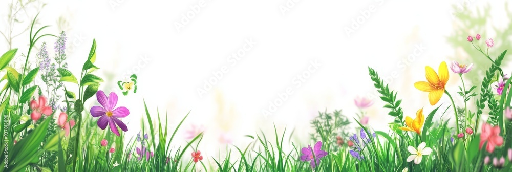 Vibrant Spring Meadow Border for Website and Design Projects - A vibrant border of colorful wildflowers, butterflies, and green grass on a white background. It symbolizes spring, growth, nature, beaut Vibrant Spring Meadow Border for Website and Design Projects - A vibrant border of colorful wildflowers, butterflies, and green grass on a white background. It symbolizes spring, growth, nature, beaut