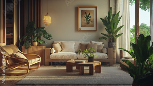 Cozy Living Room with Warm Natural Lighting and Wooden Furniture