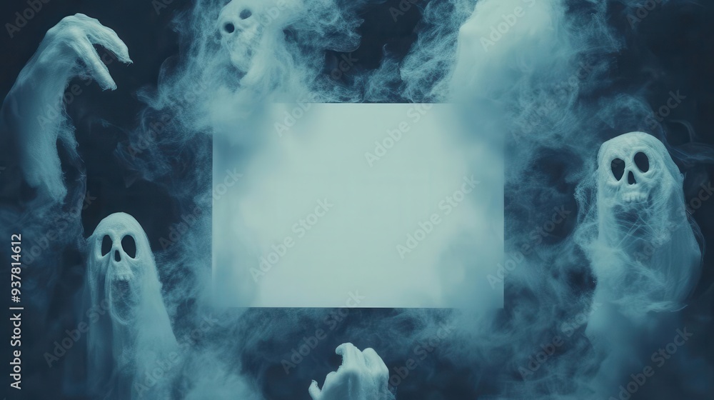 Eerie ghostly figures and mysterious fog form a spooky Halloween scene with a blank space for your text or image. Eerie ghostly figures and mysterious fog form a spooky Halloween scene with a blank space for your text or image.