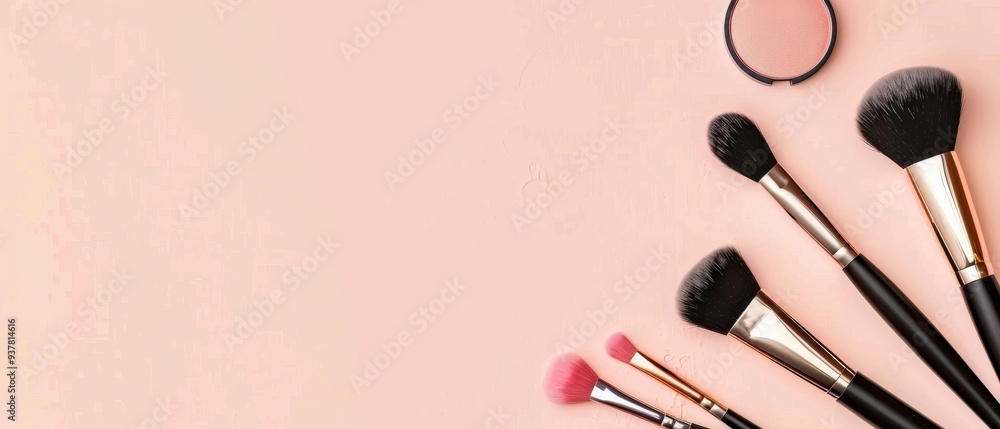 A close up of makeup brushes on a pink background A close up of makeup brushes on a pink background