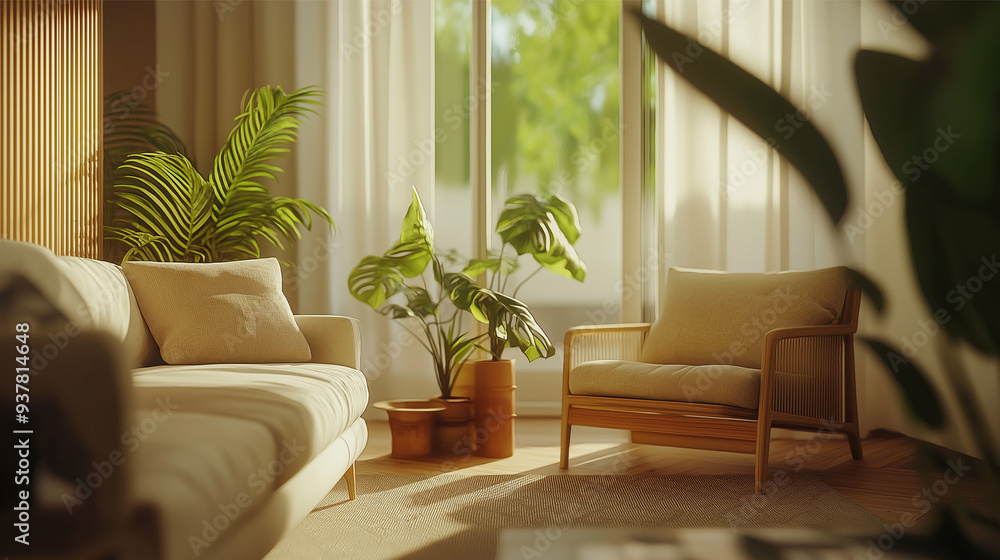 Cozy Living Room with Warm Natural Lighting and Wooden Furniture Cozy Living Room with Warm Natural Lighting and Wooden Furniture