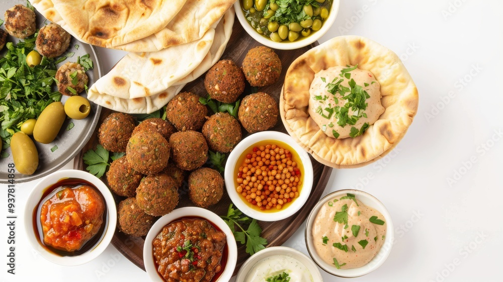 A table full of food with a variety of dips and sauces A table full of food with a variety of dips and sauces