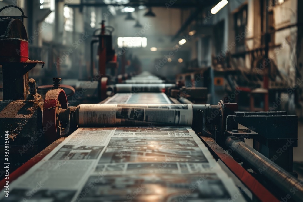 A factory with a conveyor belt of newspapers A factory with a conveyor belt of newspapers