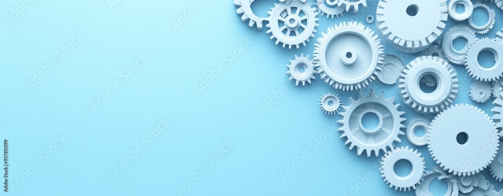 White Gears on Blue Background: Teamwork and Efficiency Concept - A group of white gears arranged in a cluster, symbolizing teamwork, collaboration, efficiency, mechanism, and innovation. White Gears on Blue Background: Teamwork and Efficiency Concept - A group of white gears arranged in a cluster, symbolizing teamwork, collaboration, efficiency, mechanism, and innovation.