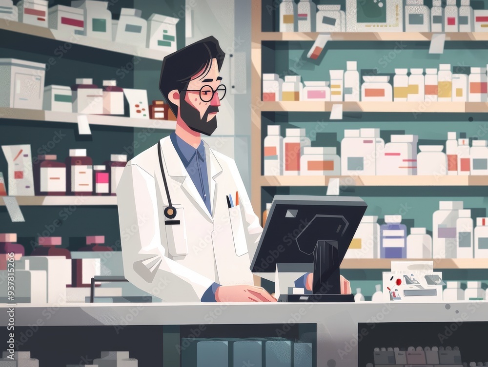 A man in a white lab coat is standing behind a counter in a pharmacy A man in a white lab coat is standing behind a counter in a pharmacy