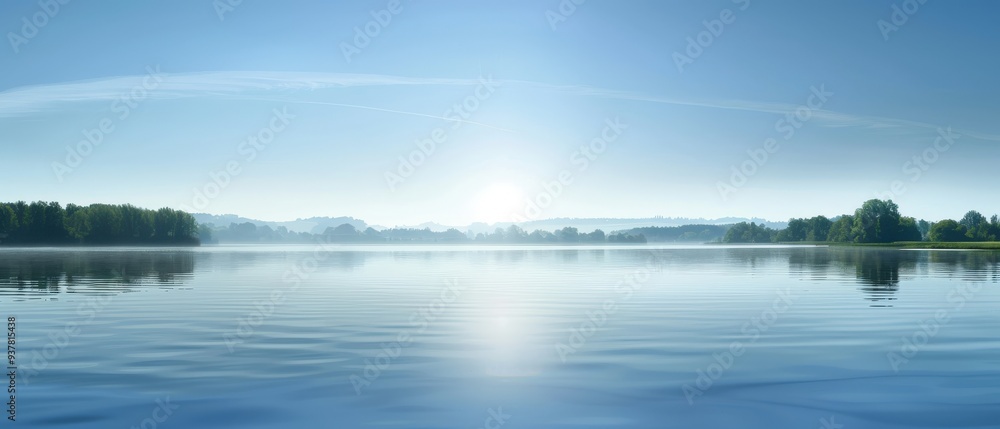 Fototapeta premium A calm lake with a bright sun reflecting on the water
