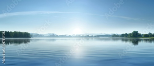 A calm lake with a bright sun reflecting on the water