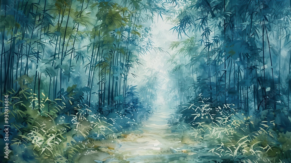 Obraz premium Serene bamboo forest path, Fantasy, Soft, Watercolor, Emphasizing tranquility and natural beauty
