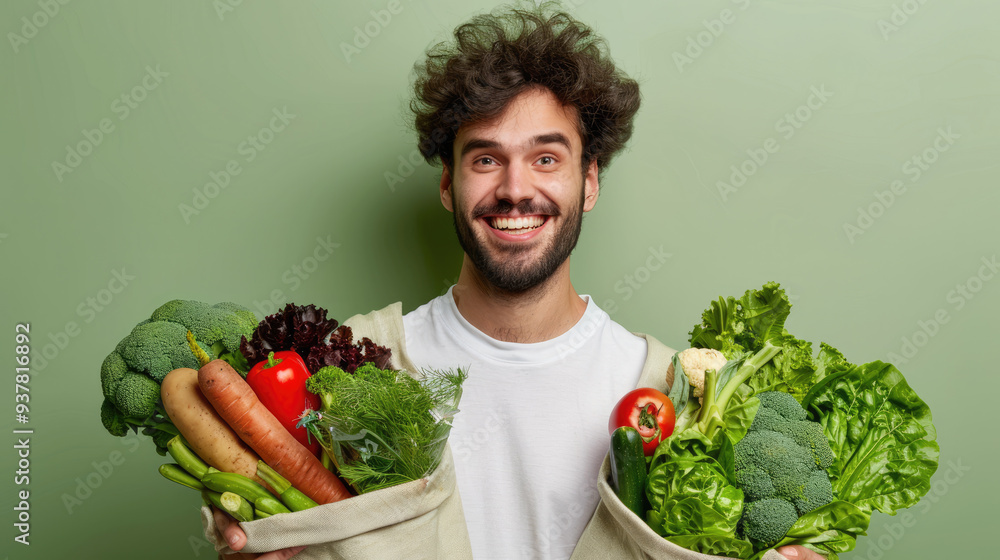 Beauty portrait of man surrounded by various healthy food lying. Healthy eating and sports lifestyle concept Beauty portrait of man surrounded by various healthy food lying. Healthy eating and sports lifestyle concept