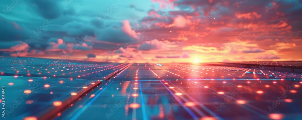 Solar array in a desert, Cyberpunk, Bright, Digital, Emphasizing renewable energy technology Solar array in a desert, Cyberpunk, Bright, Digital, Emphasizing renewable energy technology