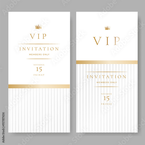 VIP invitation card, banner or flyer with golden elements on white background. Luxury premium design set for event invite, celebration party, formal reception.