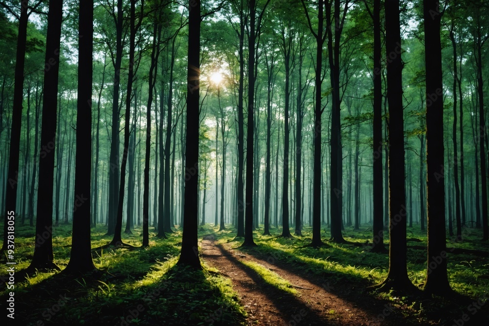 Obraz premium Sunlight through dark woods on stormy day