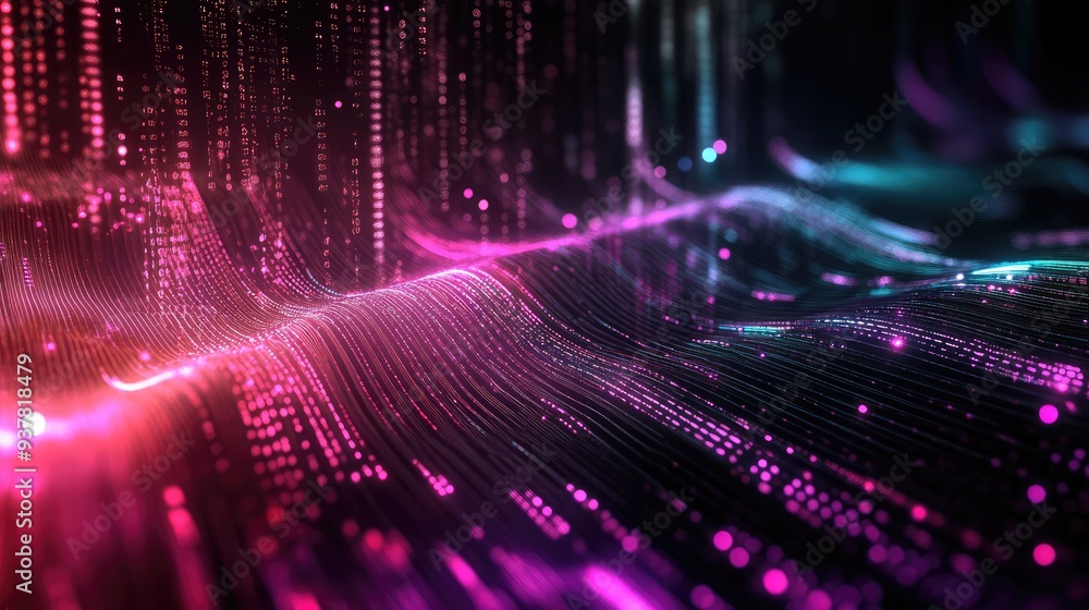 Fototapeta premium Abstract cyber pulse with shifting neon colors and glowing digital patterns, set against a sleek, dark canvas.