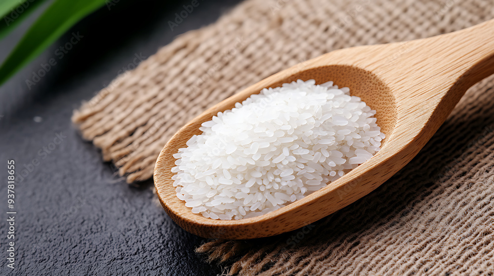 Uncooked rice spreaded on a sheet with small wooden spoon. Generative AI illustration Uncooked rice spreaded on a sheet with small wooden spoon. Generative AI illustration