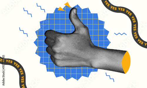 Modern Design halftone collage, hand giving a thumbs up is perfect for positive feedback, approvals, and success stories