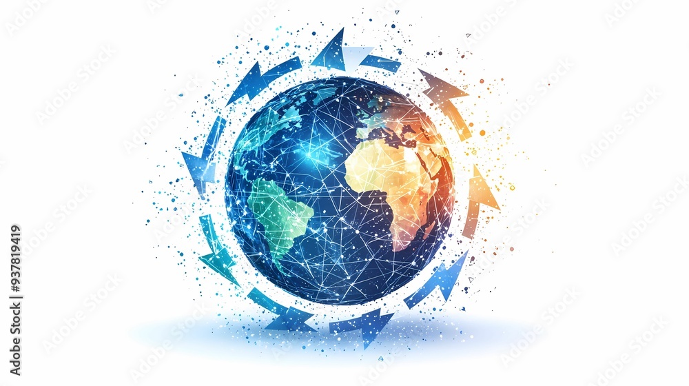 Stylized globe showcasing global connectivity and technological advancement with arrows representing growth and innovation. Stylized globe showcasing global connectivity and technological advancement with arrows representing growth and innovation.