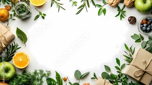 Fresh fruits, herbs, and gifts create a vibrant border around a blank space, perfect for creative projects and seasonal themes.