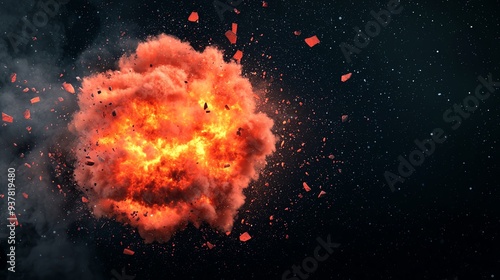 Powerful explosion, burst of energy with debris, 3D illustration photo