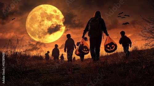 Silhouettes of kids trick or treating under a full moon on Halloween.