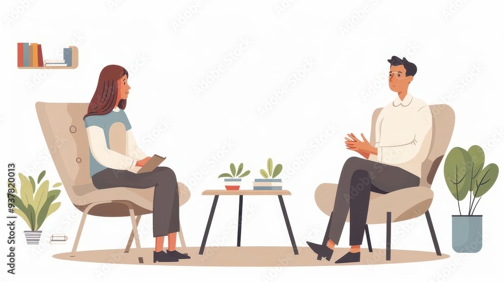 Therapist and patient in conversation, Fantasy, Soft, Illustration, Emphasizing care and communication Therapist and patient in conversation, Fantasy, Soft, Illustration, Emphasizing care and communication