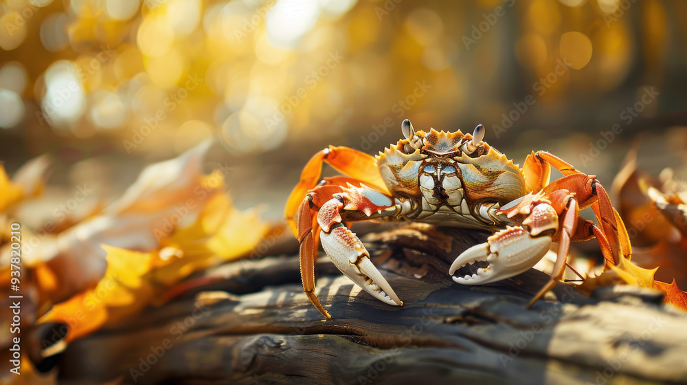 A close-up of a crab resting on a piece of driftwood, surrounded by fallen autumn leaves A close-up of a crab resting on a piece of driftwood, surrounded by fallen autumn leaves