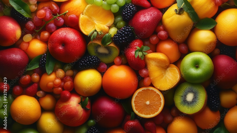 A vibrant assortment of fresh fruits, including apples, oranges, grapes, and berries, ideal for health and wellness themes. A vibrant assortment of fresh fruits, including apples, oranges, grapes, and berries, ideal for health and wellness themes.