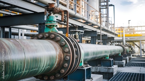 A pipeline and pipe rack of a petroleum, chemical, hydrogen or ammonia industrial plant. The pipeline is rusty and has a greenish hue.