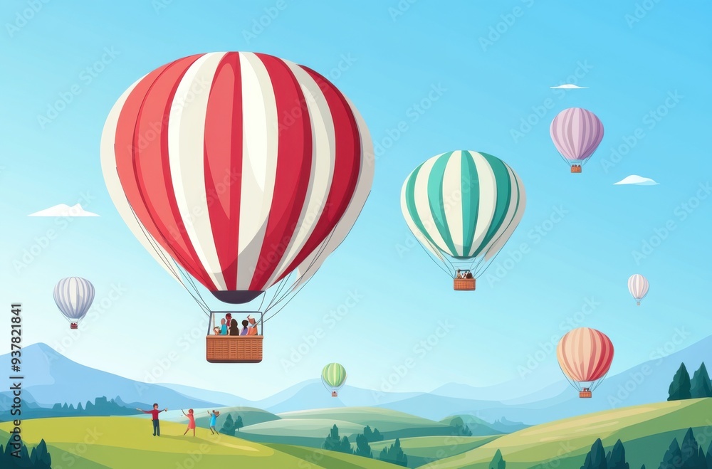 Obraz premium A group of hot air balloons floating in the sky with people sitting inside each balloon enjoying their journey over the green hills below. The balloons have different colors such as red, white, blue