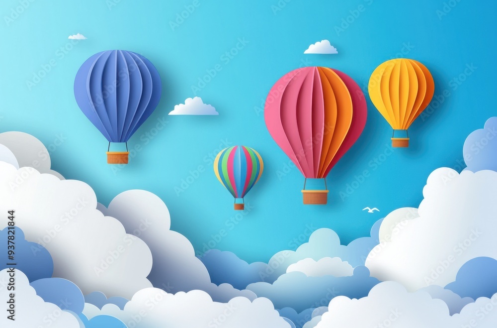Fototapeta premium Colorful hot air balloons flying in the sky with a paper cut-style cloud background, vector illustration. pastel color palette, flat style