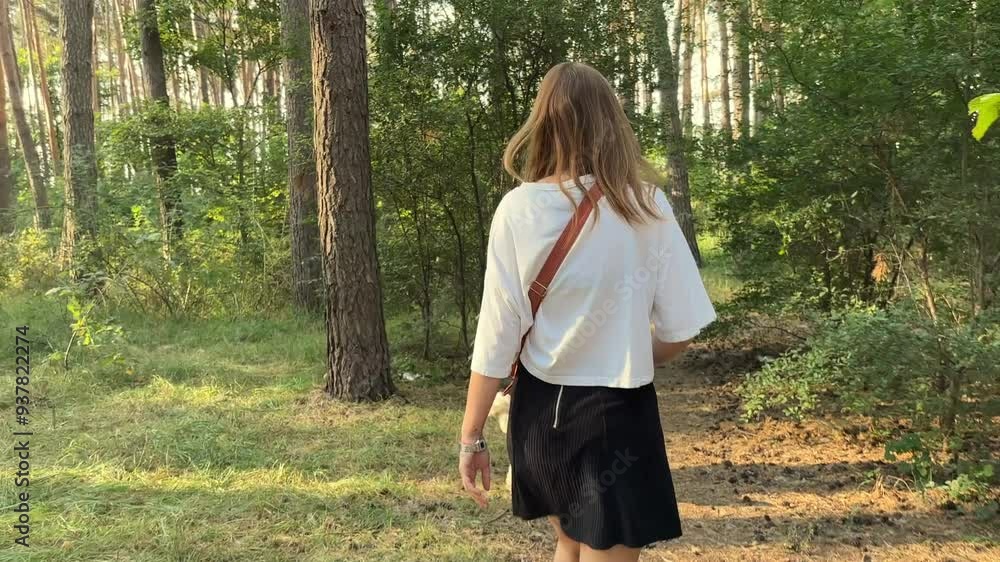 A young woman walking through a park with her dog. The peaceful interaction between the owner and her pet in a green, serene park, companionship, outdoor activities, and pet care. A young woman walking through a park with her dog. The peaceful interaction between the owner and her pet in a green, serene park, companionship, outdoor activities, and pet care.