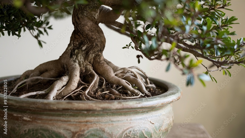 Ancient bonsai with twisted roots and weathered pot in focus Ancient bonsai with twisted roots and weathered pot in focus