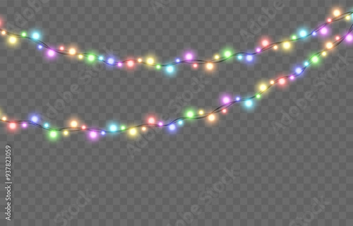 Vector Christmas garland png. Christmas light png. Festive decorations, garland with colorful lights, led lamp.