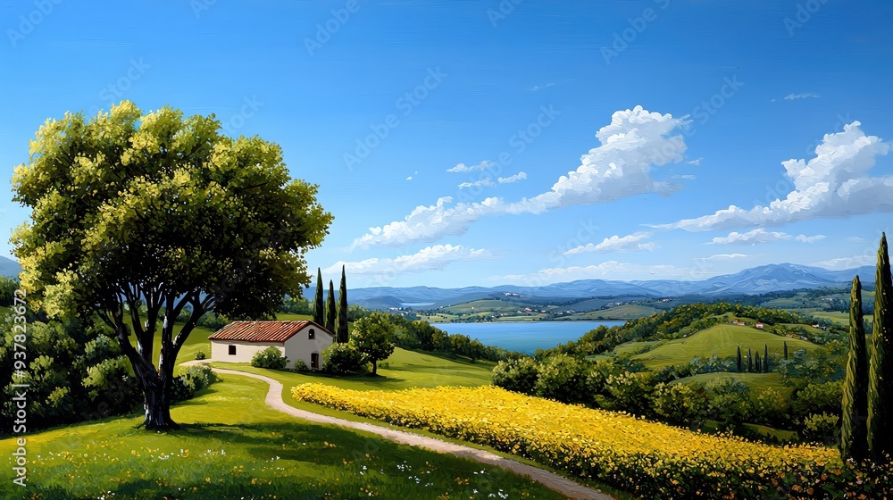 A tranquil landscape featuring lush hills, a serene lake, and vibrant fields under a clear blue sky with a cozy farmhouse. A tranquil landscape featuring lush hills, a serene lake, and vibrant fields under a clear blue sky with a cozy farmhouse.