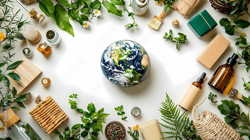 A vibrant display featuring earth surrounded by natural elements and eco-friendly products, symbolizing sustainability and harmony. A vibrant display featuring earth surrounded by natural elements and eco-friendly products, symbolizing sustainability and harmony.