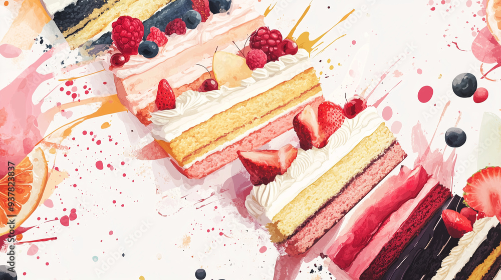 The photo of a colorful variety of yummy cake pieces arrange on the white background The photo of a colorful variety of yummy cake pieces arrange on the white background