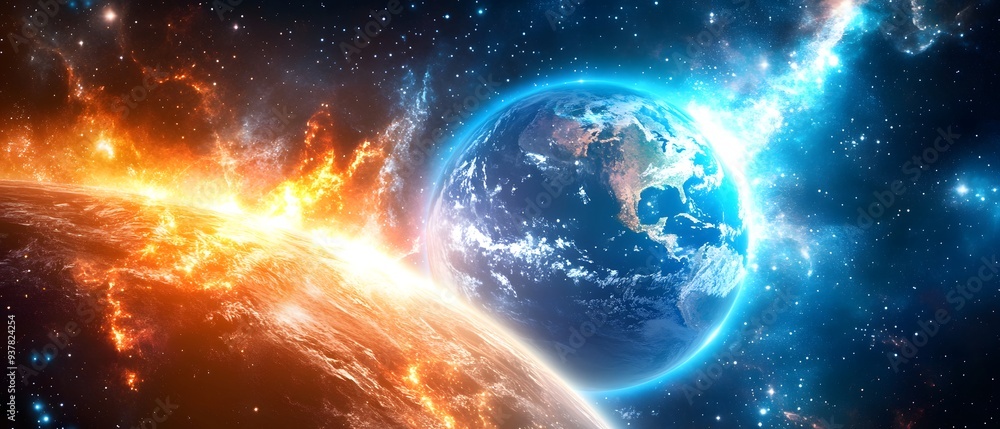 Earth and a Burning Planet in Space.