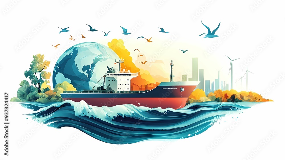 Naklejka premium A vibrant scene showcasing a cargo ship navigating through waves with a backdrop of the earth, wind turbines, and city skyline.