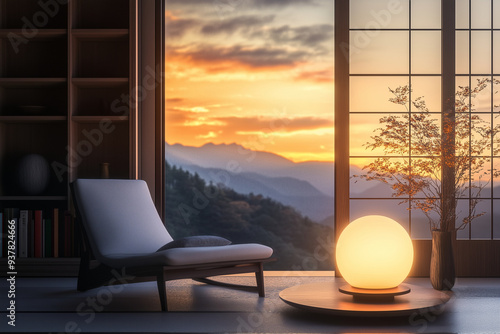 The minimal Japandi home relaxing with large window and mountain view featuring a small round table photo