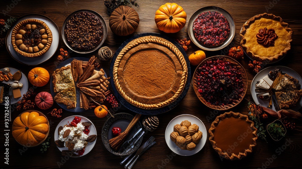 Thanksgiving pumpkin and apple various pies, top view, copy space. Neural network ai generated art Thanksgiving pumpkin and apple various pies, top view, copy space. Neural network ai generated art