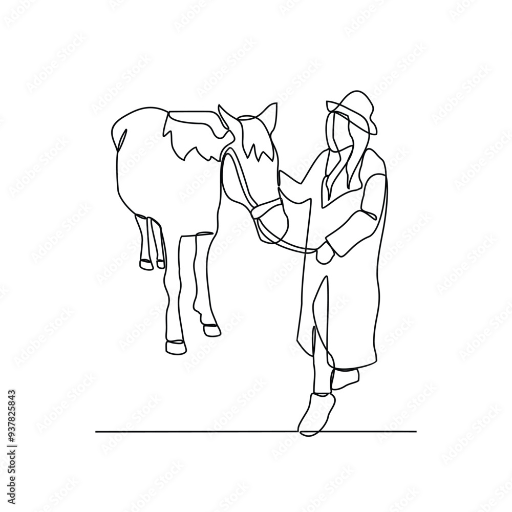 One continuous line drawing of
someone is leading his horse vector illustration. Animal themes design concept in simple linear style vector. Good asset for educational presentation animal purpose. One continuous line drawing of
someone is leading his horse vector illustration. Animal themes design concept in simple linear style vector. Good asset for educational presentation animal purpose.