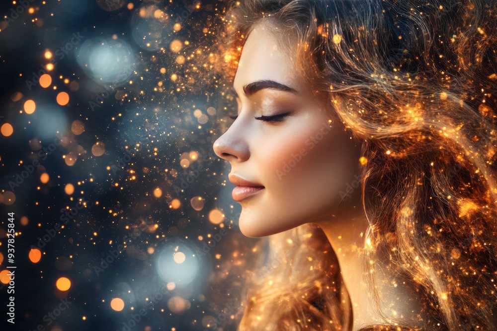A young woman with glowing golden particles around her head symbolizing the warmth of happiness the energy of positive thoughts and the radiant beauty that comes from a joyful mind A young woman with glowing golden particles around her head symbolizing the warmth of happiness the energy of positive thoughts and the radiant beauty that comes from a joyful mind