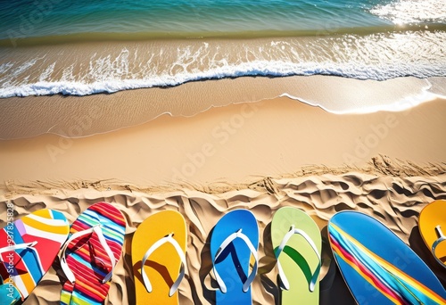 vibrant beach gear displayed lively shoreline colorful accessories under bright blue sky, umbrella, towel, sand, ocean, wave, sun, summer, seaside photo