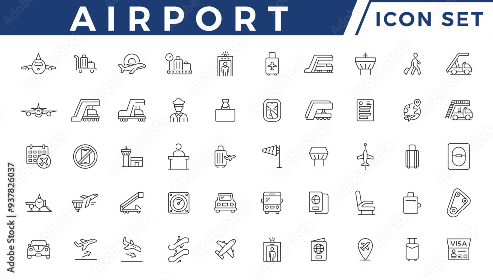 Airport icons set. Plane icon set. Airplane icon vector. Flight transport symbol illustration Airport icons set. Plane icon set. Airplane icon vector. Flight transport symbol illustration